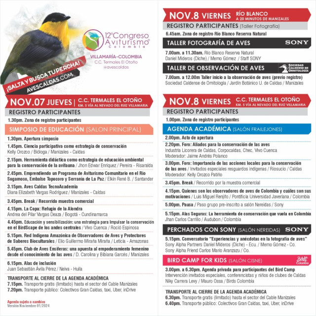 Programación Congreso de Aviturismo de Manizales jueves y viernes