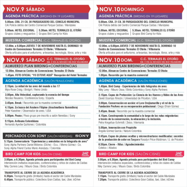 Programación Congreso de Aviturismo de Manizales Sábado y Domingo