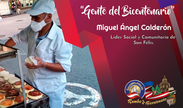 Miguel Ángel promociona su puesto de arepas.