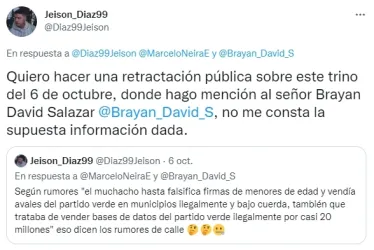 Tuitero se retracta de acusaciones contra el líder político Brayan David Salazar