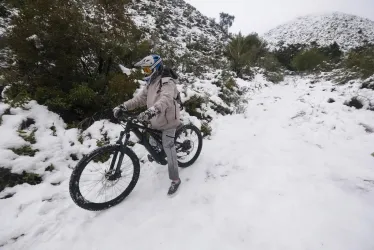 Foto | EFE | LA PATRIA Un hombre camina con su bicicleta en la nieve después de una rara tormenta de nieve en el sur de California, en el Bosque Nacional Ángeles cerca de Glendale, condado de Los Ángeles, California, EE. UU.