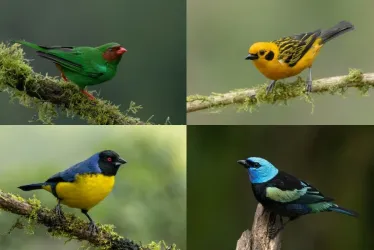 Tángara lorito (Chlorornis riefferii), azulejo real (Buthraupis montana), tángara dorada (Tangara arthus), tángara real (Stilpnia cyanicollis).