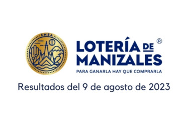 Logo de la Lotería de Manizales. Debajo dice "resultados del 9 de agosto de 2023"