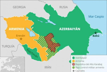 Mapa del conflicto entre Armenia y Azerbaiyán por el territorio conocido como Nagorno (Alto) Karabaj.