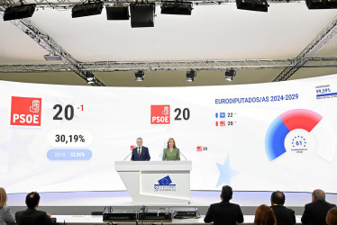 La ministra Portavoz del Gobierno de España, Pilar Alegría, y el ministro del Interior, Fernando Grande-Marlaska, presentan los primeros resultados provisionales de las elecciones europeas.