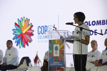 La ministra de Ambiente de Colombia, Susana Muhamad, durante el lanzamiento del logo de la COP16, en Cali.