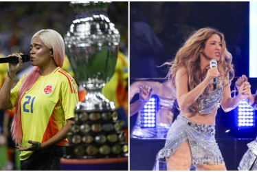 La antioqueña Karol G (izquierda) y la barranquillera Shakira fueron las protagonistas del espectáculo no futbolístico en la final de la Copa América 2024.