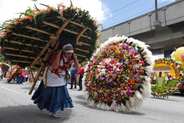 Una mujer carga una silleta durante la edición 67 del Desfile de Silleteros de la Feria de las Flores este domingo en Medellín 