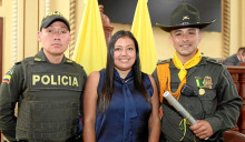 Robinson Cubillos León, Yessica Quiroz Hernández, diputada; y el subintendente Yhovanny Rivera Betancur.